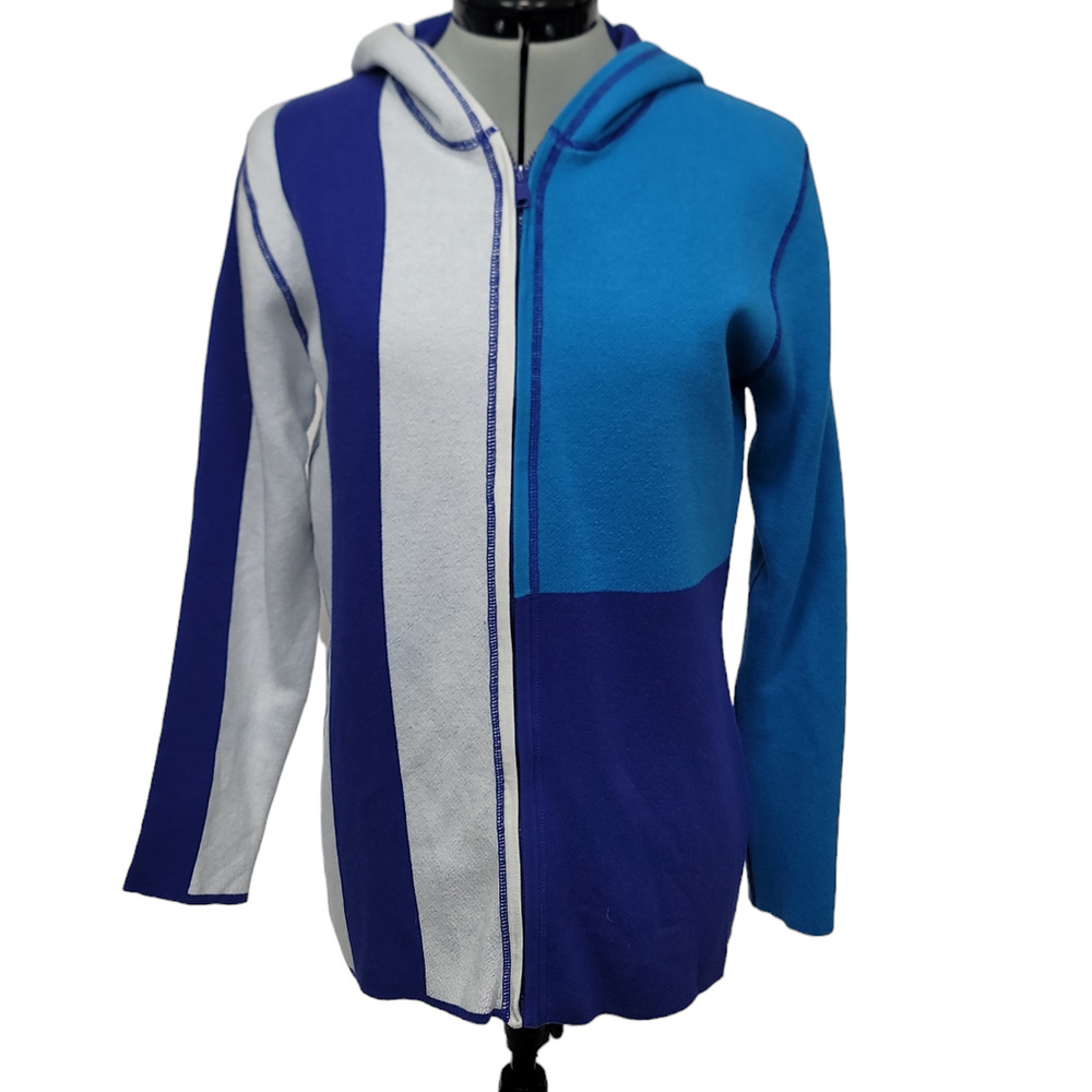Title Nine Wool Blend Blue Color Block Zip Up Sweater Hoodie Large #1408